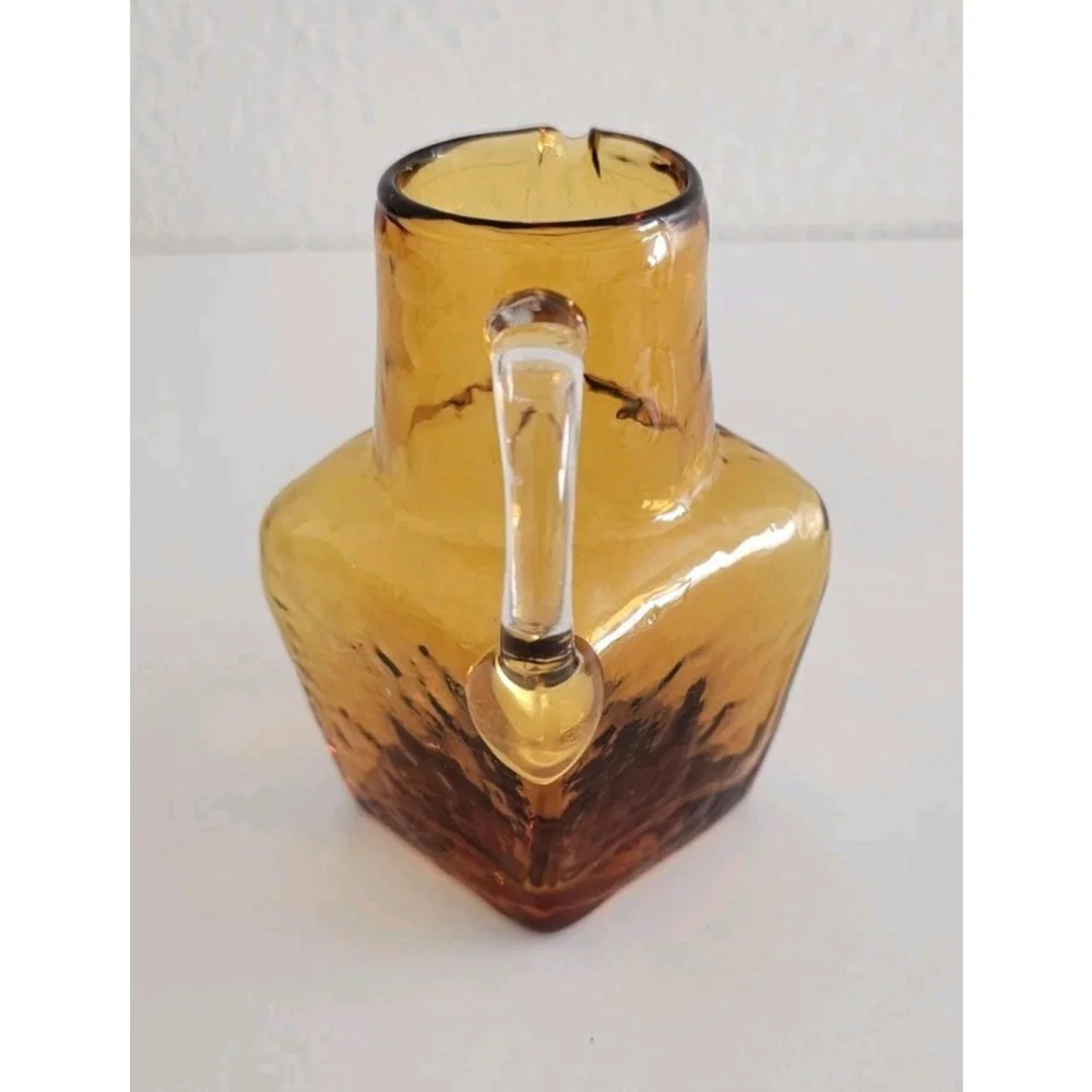 Vintage Hand-Blown Textured Small Amber Glass Pitcher Cute Adorable Decor